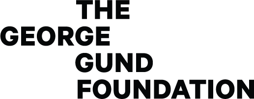 The image shows the text THE GEORGE GUND FOUNDATION in capitalized, bold, white letters on a black background.